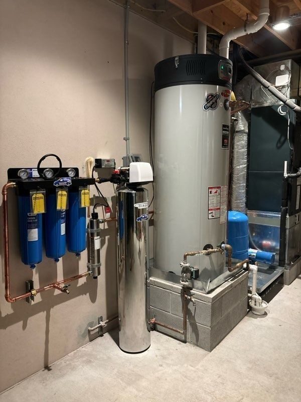 Water heater with water filtration and other upgrades in a basement.