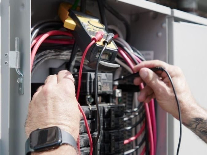 Emergency electrician fixing an broken electrical panel.