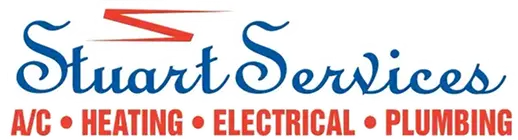 Stuart Services logo in blue cursive text with red service categories: A/C, Heating, Electrical, Plumbing.