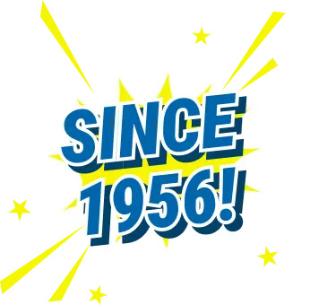 Bright celebratory badge with blue 'SINCE 1956!' text, surrounded by yellow bursts and stars