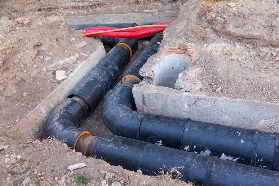 Black underground sewer pipes